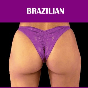 May include: Three purple bikini bottoms with a shiny finish and gathered center back seam, labeled Pro, Brazilian, and Moderate, displayed in a side-by-side comparison to show varying levels of back coverage and cut styles on a black background.