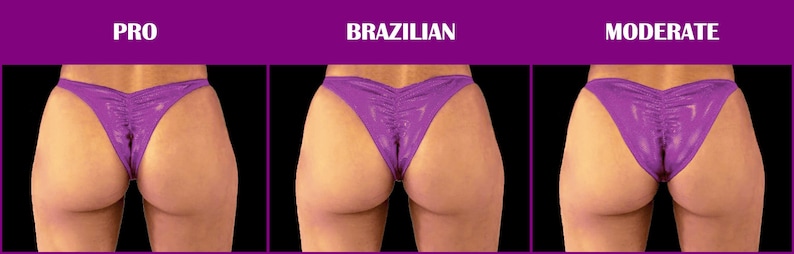 May include: Three purple bikini bottoms with a shiny finish and gathered center back seam, labeled Pro, Brazilian, and Moderate, displayed in a side-by-side comparison to show varying levels of back coverage and cut styles on a black background.