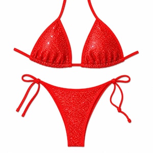 May include: A bright red two-piece bikini set featuring a glittery, shimmering finish. The top consists of two triangular cups with thin tie straps, while the matching bottom features side tie closures and a high-cut leg design.