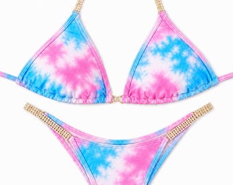 Bikini Posing Suit Pink Light Blue NPC IFBB Bikini for Bodybuilding and Fitness with connectors