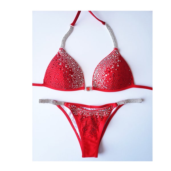 Nouveau bikini de compétition en cristal fabriqué sur commande - Rouge brillant