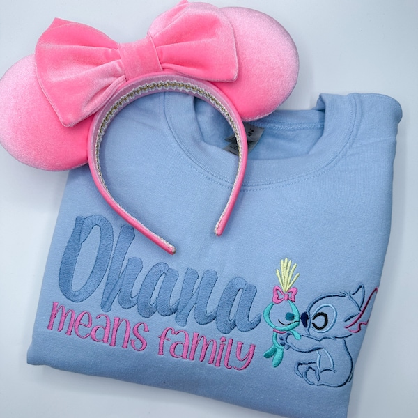 Ohana Means Family Stitch and Scrump Embroidered Sweatshirt | Disney Stitch Embroidered Shirt