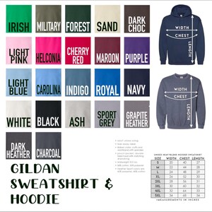 May include: A color chart for Gildan sweatshirts and hoodies, featuring various colors like Irish, Military, Forest, and more. The image includes size charts with measurements in inches for unisex heavy blend hooded sweatshirts.