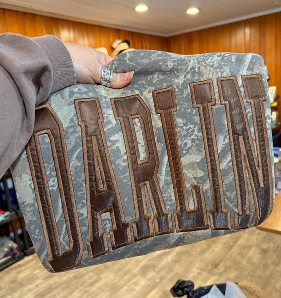 Darlin Camo Sequin or Satin Embroidered Crewneck Sweatshirt | Custom Camo Embroidered Sweatshirt