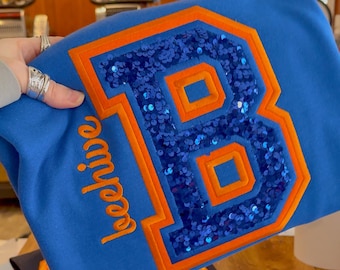 Custom Varsity Letter Sequin Embroidered Crewneck Sweatshirt