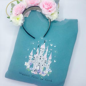 Castle Happiest Place On Earth Embroidered Sweatshirt | Magic Kingdom Shirt | Disney World Embroidered Crewneck