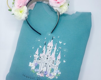 Castle Happiest Place On Earth Embroidered Sweatshirt | Magic Kingdom Shirt | Disney World Embroidered Crewneck