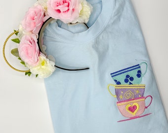 Mad Hatter Tea Party Cups Embroidered T-shirt | Disney Alice in Wonderland Embroidered T-shirt | Sweatshirt