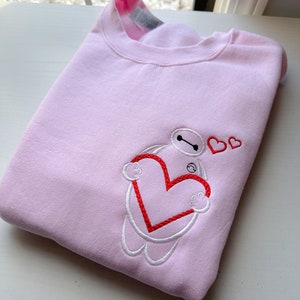 Baymax Heart Embroidered Sweatshirt |Baymax Valentine Crewneck | Disney Valentine Embroidered Crewneck