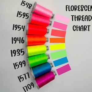 May include: A fluorescent thread chart displays a variety of vibrant thread colors, including pink, red, orange, yellow, green, blue, and purple. Each thread spool is paired with a corresponding color swatch. The chart is labeled "FLORESCENT THREAD CHART."