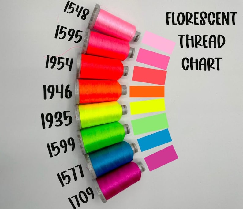 May include: A fluorescent thread chart displays a variety of vibrant thread colors, including pink, red, orange, yellow, green, blue, and purple. Each thread spool is paired with a corresponding color swatch. The chart is labeled "FLORESCENT THREAD CHART."