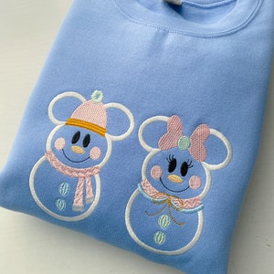 Mickey and Minnie Snowman Embroidered Sweatshirt | Disney Christmas Embroidered Shirt | Disney Christmas Embroidered Sweatshirt