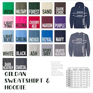 May include: A color chart for Gildan sweatshirts and hoodies, featuring various colors like Irish, Military, Forest, and Light Pink. The image includes size charts with measurements in inches for unisex heavy blend hooded sweatshirts.