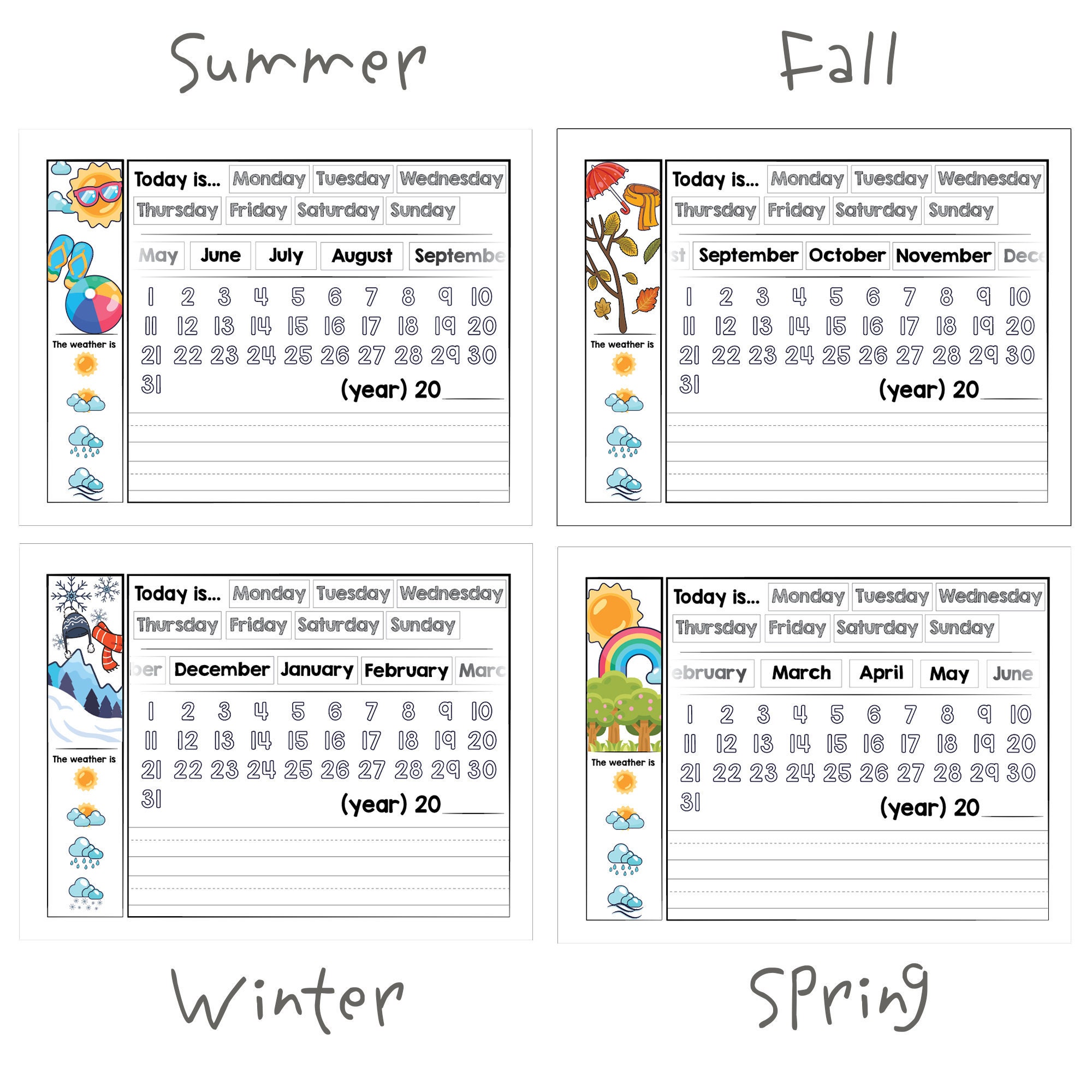 seasons date and weather kids worksheets for preschool and etsy