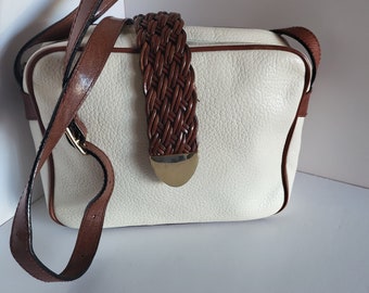 1980s White and Tan Leather Shoulder Bag