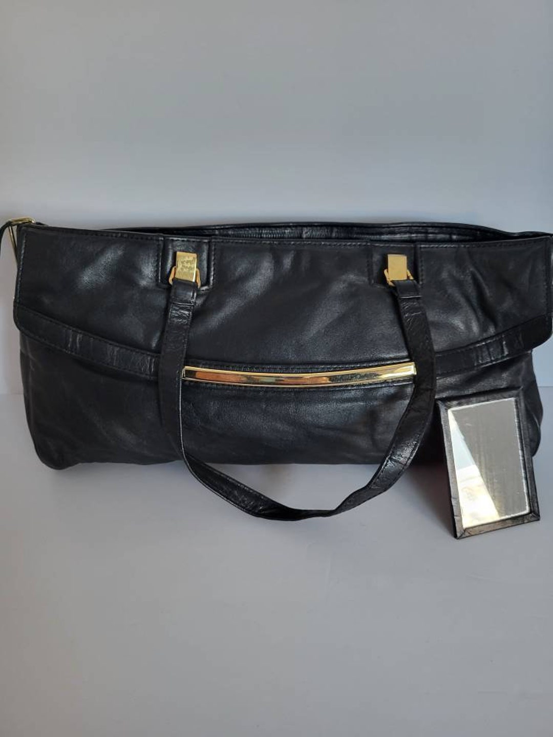 1960s Black Leather Top Handle Purse. Etsy