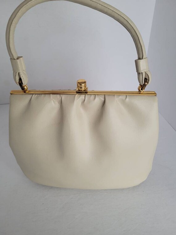 1960s Cream Top Handle Bag with Leather Gloves. Gem