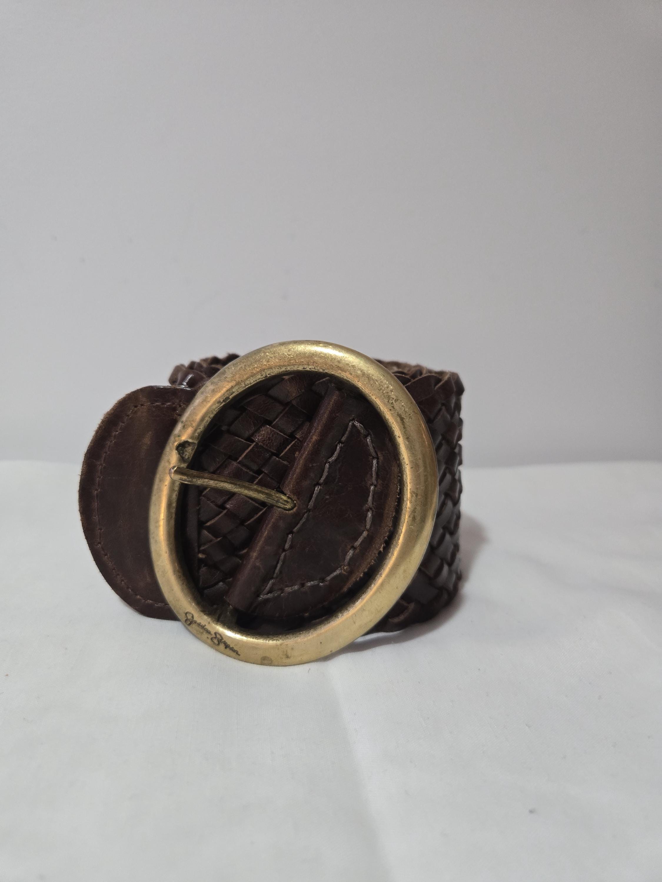 Vntg Jessica Simpson Womens Woven Leather Belt Brass Buckle Brown Sz M New Jessica Simpson Belt Brown Braided Stitched Leather  main image 2