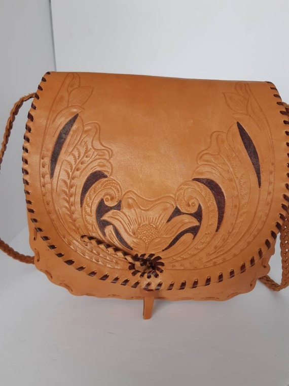 1970s Tooled Natural Leather Shoulder Bag