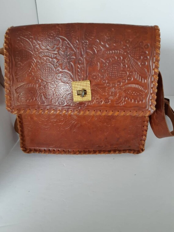 1970s Saddle Leather Tooled Shoulder Bag
