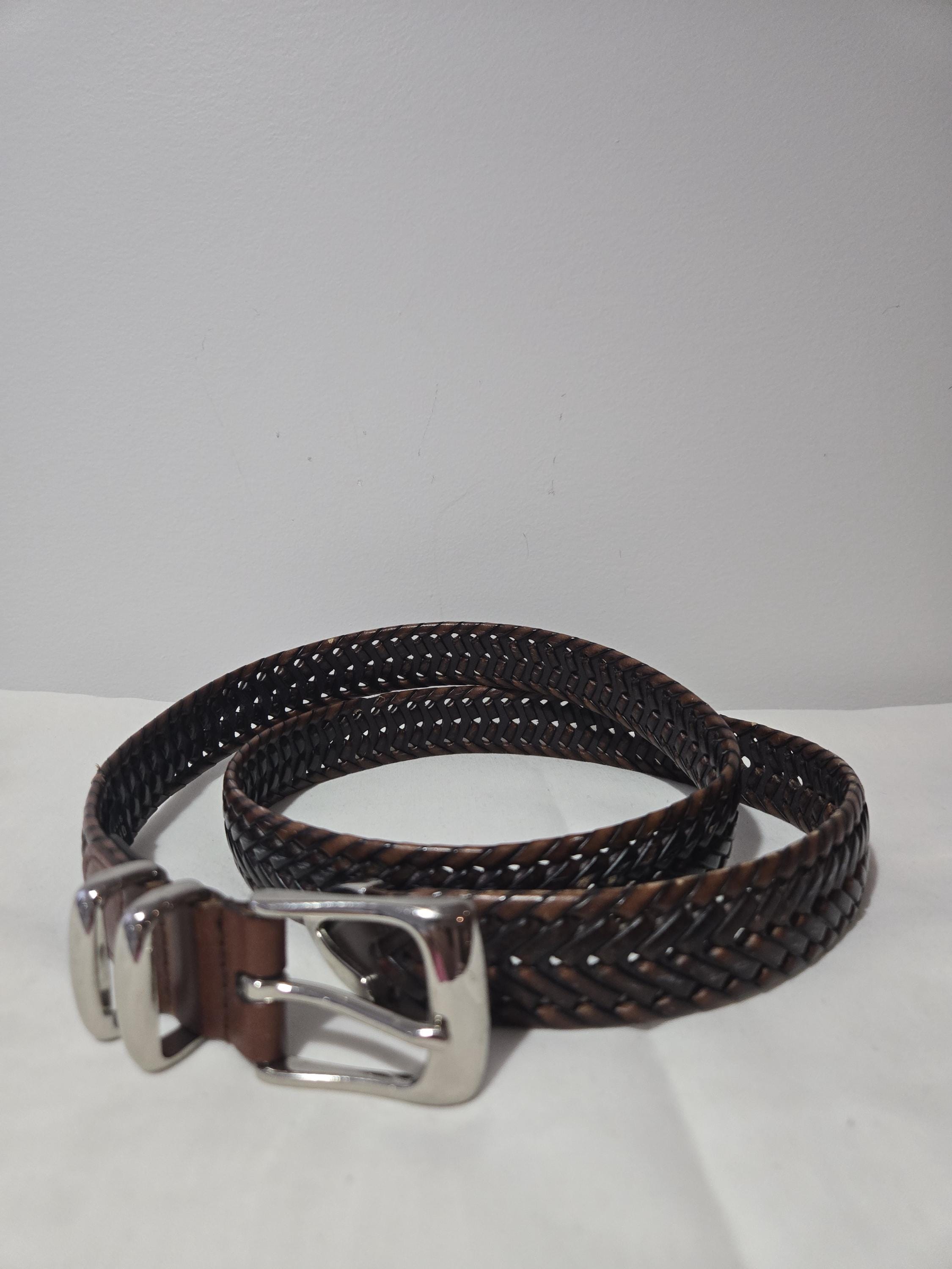 Perry Ellis Vintage Cognac Brown Braided Woven Worn in Leather Wide Belt S / M Burnished Reversible Leather Belt – Perry Ellis main image 4