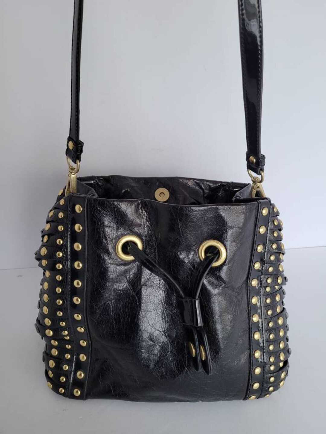 Black Patent Leather Studded Shoulder Bag Etsy