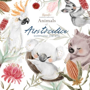 Puede incluir: Ilustración de acuarela con animales australianos, incluyendo una cacatúa blanca, un koala y una zarigüeya gris, rodeados de elementos florales. El texto dice "Animals of Australia". La obra de arte tiene un estilo suave y caprichoso con acentos dorados.