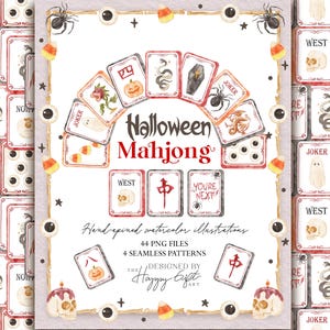 May include: Watercolor illustration of Halloween Mahjong cards with spooky themed images. The cards feature pumpkins, ghosts, spiders, and skulls. The text reads "Halloween Mahjong" and "Hand-repined watercolor illustrations."