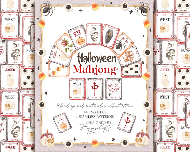 May include: Watercolor illustration of Halloween Mahjong cards with spooky themed images. The cards feature pumpkins, ghosts, spiders, and skulls. The text reads "Halloween Mahjong" and "Hand-repined watercolor illustrations."