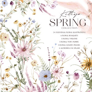 Imágenes prediseñadas florales de acuarela, imágenes prediseñadas de flores de primavera, flores silvestres, acuarela de flores delicadas, corona de primavera U00161