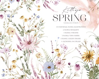 Watercolor Floral Clipart , Spring Flower Clipart ,Wild flowers ,Delicate Flowers Watercolor,Spring wreath  U00161