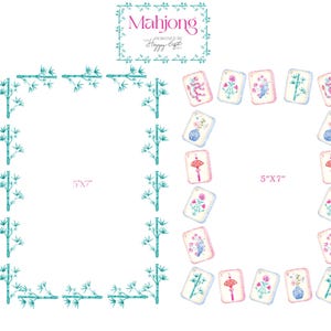 Pu&ograve; includere: Illustrazione ad acquerello di tessere Mahjong e bordo di bamb&ugrave;. Le tessere presentano disegni floreali e decorativi in rosa, blu e verde. Il testo "Mahjong" &egrave; in alto, con le dimensioni di 12,7 cm x 17,8 cm al centro.