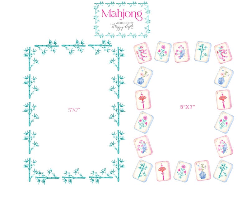 Pu&ograve; includere: Illustrazione ad acquerello di tessere Mahjong e bordo di bamb&ugrave;. Le tessere presentano disegni floreali e decorativi in rosa, blu e verde. Il testo "Mahjong" &egrave; in alto, con le dimensioni di 12,7 cm x 17,8 cm al centro.