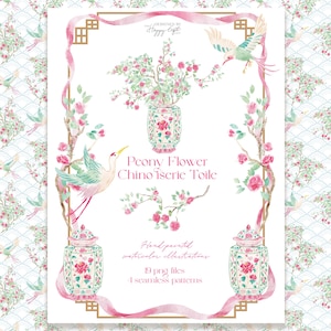 Könnte beinhalten: Aquarellillustration mit einem Peony Flower Chino Iserie Toile-Design. Das Kunstwerk zeigt rosa Blüten, grüne Blätter und fliegende Vögel. Dekorative Vasen und ein gemusterter Hintergrund sind ebenfalls vorhanden. Der Text lautet "Handgemalte Aquarellillustrationen".