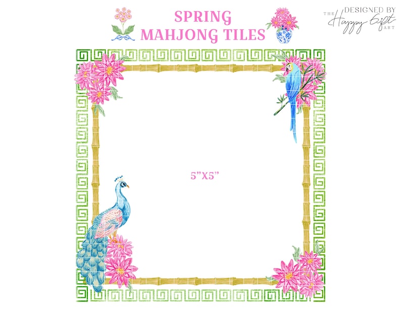 K&ouml;nnte beinhalten: Aquarellillustration von Fr&uuml;hlings-Mahjong-Kacheln. Das Design zeigt einen Bambusrahmen mit gr&uuml;nen griechischen Schl&uuml;sselfarben, rosa Blumen sowie einen blauen Pfau und Papagei. Der Text lautet "SPRING MAHONG TILES" und "5"X5" (12,7 cm x 12,7 cm).