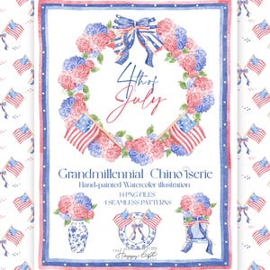 Clipart aquarelle 4 juillet - cliparts de chinoiserie grand-millénaire - fleurs patriotiques - modèle sans couture - fête de l'indépendance U00263