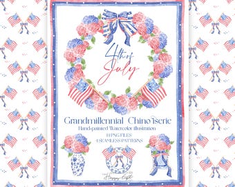 4th of July Watercolor Clipart - Grandmillennial Chinoiserie cliparts -  Patriotic Florals - Seamless pattern - Independence day U00263