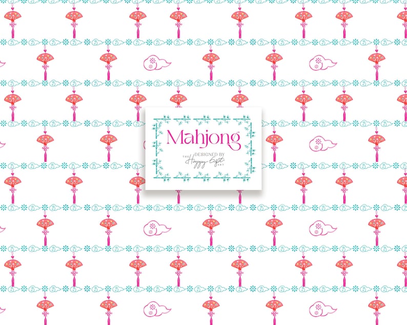 Pu&ograve; includere: Sfondo bianco con un motivo ripetuto di ombrellini rosa, nuvole turchesi e bordi floreali. Un quadrato al centro riporta la scritta "Mahjong" con "Designed by Happy Eight".
