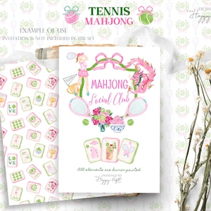 May include: Watercolor design featuring "Tennis Mahjong" text, a pink dragon, tennis rackets, and floral elements. Includes a patterned paper with mahjong tiles and the text "Love". The invitation is not included in the set.