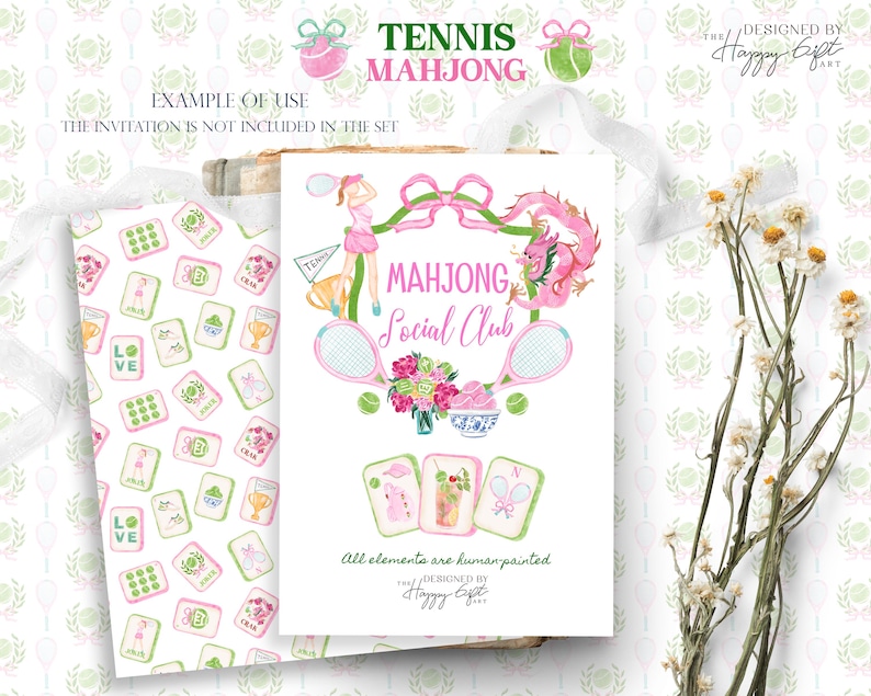May include: Watercolor design featuring "Tennis Mahjong" text, a pink dragon, tennis rackets, and floral elements. Includes a patterned paper with mahjong tiles and the text "Love". The invitation is not included in the set.