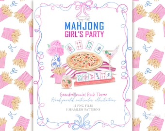 Mahjong Girl's party watercolor cliparts - Mahjong PNG clipart - Mahjong seamless pattern - Chinoiserie clipart - Grandmillennial  U00270