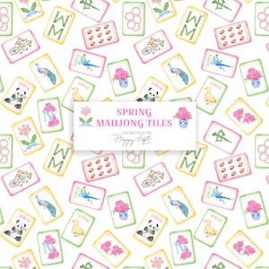 K&ouml;nnte beinhalten: Ein sich wiederholendes Muster von Mahjong-Steinen in Pastellfarben. Die Spielsteine zeigen Illustrationen von Blumen, Pandas, Pfauen und den Text "Joker" und "WM". Die Worte "Spring Mahjong Tiles" sind auf einem wei&szlig;en Rechteck abgebildet.