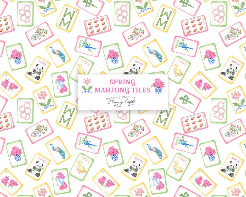 K&ouml;nnte beinhalten: Ein sich wiederholendes Muster von Mahjong-Steinen in Pastellfarben. Die Spielsteine zeigen Illustrationen von Blumen, Pandas, Pfauen und den Text "Joker" und "WM". Die Worte "Spring Mahjong Tiles" sind auf einem wei&szlig;en Rechteck abgebildet.