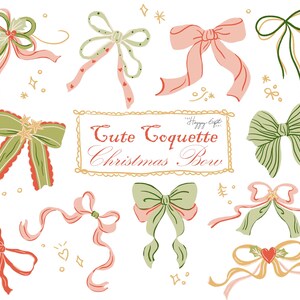 Puede incluir: Una colección de lazos navideños dibujados a mano en varios estilos y colores, incluyendo rosa, verde y rojo. Los lazos presentan cintas, estrellas y corazones. El texto "Cute Coquette Christmas Bow" se muestra en un marco decorativo.