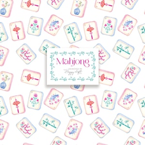 Pu&ograve; includere: Motivo acquerello di tessere Mahjong in morbidi toni rosa, blu e bianco. Ogni tessera presenta un design unico, tra cui fiori, uccelli e bamb&ugrave;. Una carta centrale recita "Mahjong" e "Designed by Happy Eight".