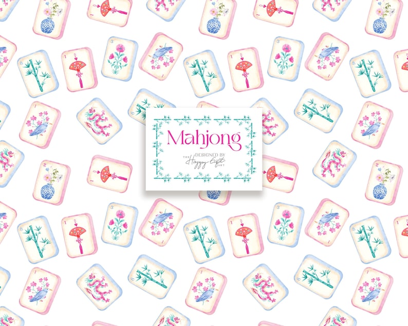 Pu&ograve; includere: Motivo acquerello di tessere Mahjong in morbidi toni rosa, blu e bianco. Ogni tessera presenta un design unico, tra cui fiori, uccelli e bamb&ugrave;. Una carta centrale recita "Mahjong" e "Designed by Happy Eight".