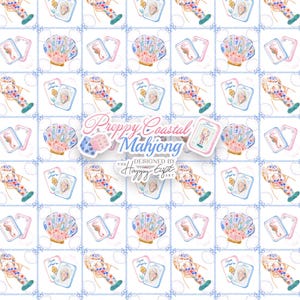 Puede incluir: Un patr&oacute;n repetitivo de ilustraciones en acuarela con conchas marinas, caballitos de mar y fichas de mahjong sobre un fondo blanco con l&iacute;neas de cuadr&iacute;cula azules. El texto central dice Preppy Coastal Mahjong DESIGNED BY THE HAPPY GIFT ART.