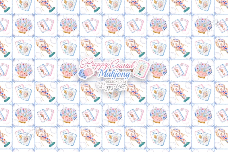 Puede incluir: Un patr&oacute;n repetitivo de ilustraciones en acuarela con conchas marinas, caballitos de mar y fichas de mahjong sobre un fondo blanco con l&iacute;neas de cuadr&iacute;cula azules. El texto central dice Preppy Coastal Mahjong DESIGNED BY THE HAPPY GIFT ART.