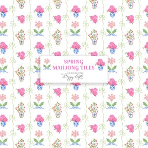 K&ouml;nnte beinhalten: Ein sich wiederholendes Muster auf wei&szlig;em Hintergrund mit rosa Blumen, blau-wei&szlig;en Vasen und gr&uuml;nen Ranken mit Schleifen. Der Text "SPRING MAHJONG TILES" wird auf einem wei&szlig;en Rechteck angezeigt.