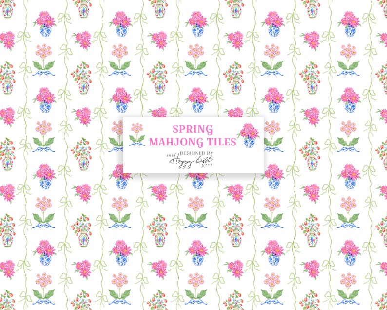 K&ouml;nnte beinhalten: Ein sich wiederholendes Muster auf wei&szlig;em Hintergrund mit rosa Blumen, blau-wei&szlig;en Vasen und gr&uuml;nen Ranken mit Schleifen. Der Text "SPRING MAHJONG TILES" wird auf einem wei&szlig;en Rechteck angezeigt.